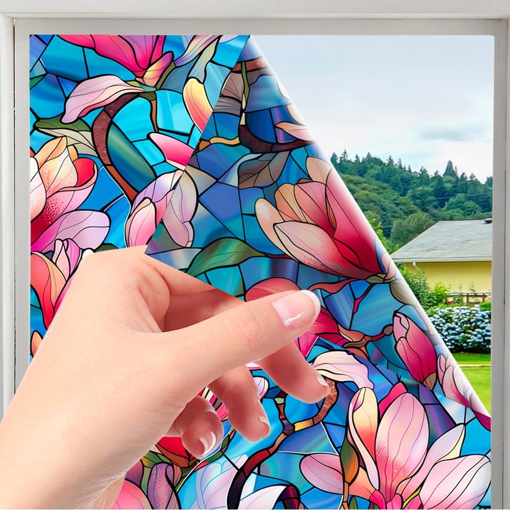 JOONOR Privacy Window Film Stained Glass Window Sticker Non-Adhesive Frosted Glass Film Decorative Magnolia Flower Pattern Static Cling Decals for Home UV Blocking/Heat Insulation 17.7 x 39.4 Inch
