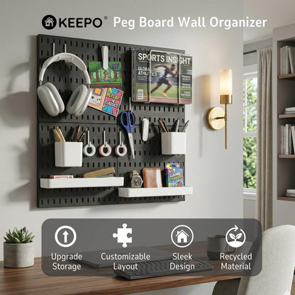 Keepo Peg Board Wall Organizer – Plastic Pegboard Panels, Modular Peg Board Storage System for Home Office, Craft Room, Gaming Setup (White, 33″×22″)