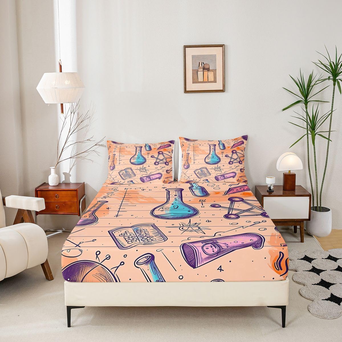 Erosebridal Chemistry Lab Fitted Sheet Twin Size Chemical Equation Bed Sheets for Boys Girls Chemical Elements Science Theme Bed Set Teens Kids Science Students Bedding Set School Dorm Room Decor