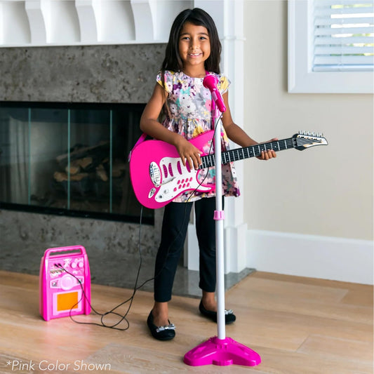Best Choice Products Kids Electric Guitar Set with Microphone & Amp, Interactive Musical Toy for Boys & Girls, Lights & Sounds, Demo Songs, AUX Input, DIY Stickers - Blue
