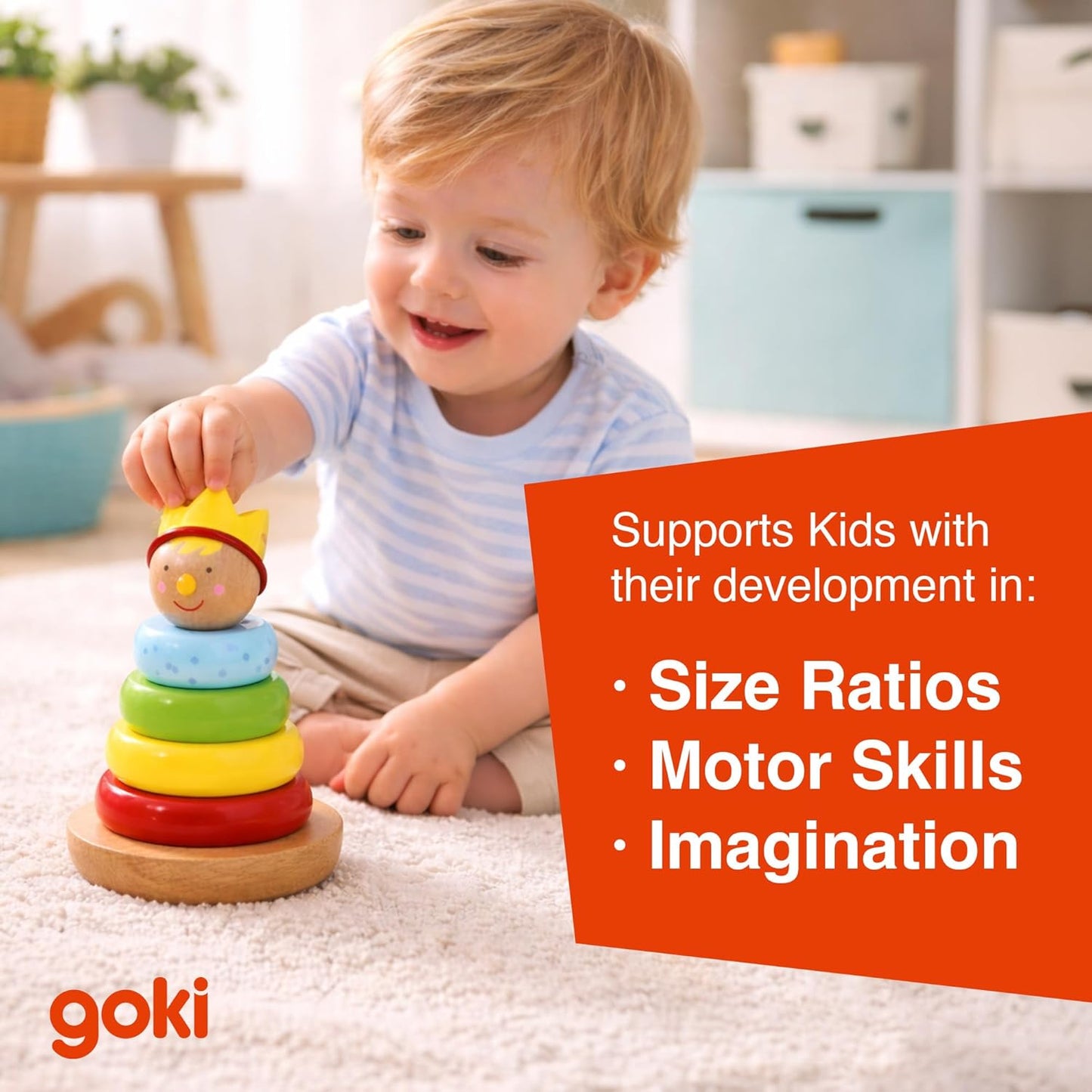 Goki Rainbow Stacking Toys for Toddlers 1–3 Little Prince | Classic 6-Piece Ring Stacker | Colorful Wooden Rainbow Stacking Rings for Fine Motor Skill Development & Early Learning Wood Toys
