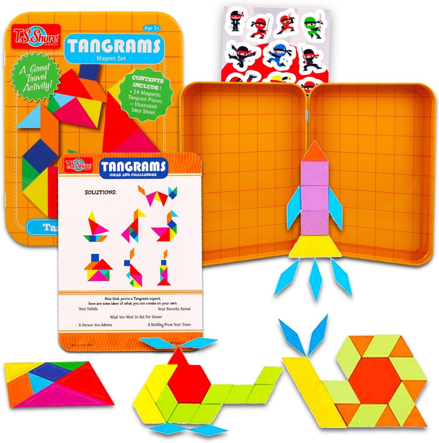 360 Combination Tangrams Travel Game with Portable Case for Kids - Bundle with Magnetic Pattern Blocks, Stickers | Montessori Open Ended Geometric Shapes Activity