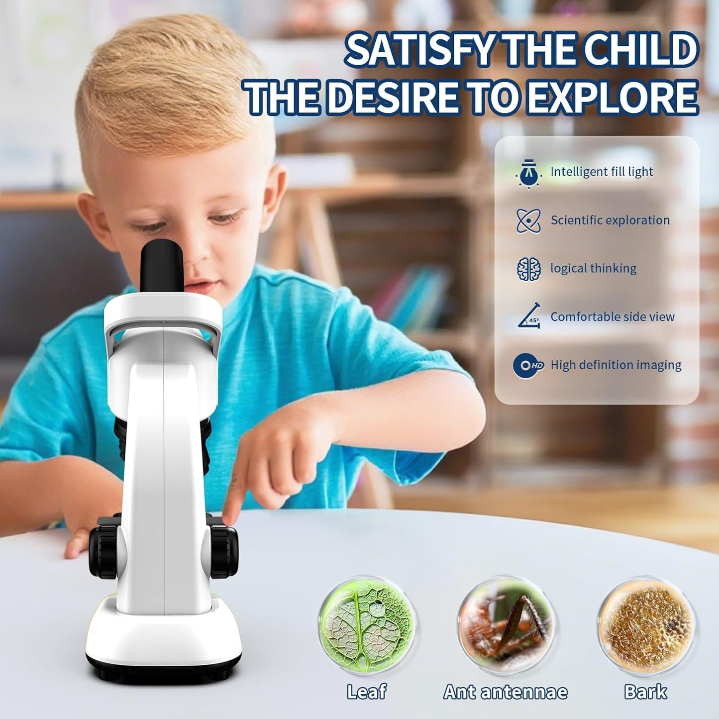 Microscope for Kids Scientific Experiment Kit 40X-1600X Magnification LED Light Educational STEM Kit with Slides and Lab Tools (Blue)