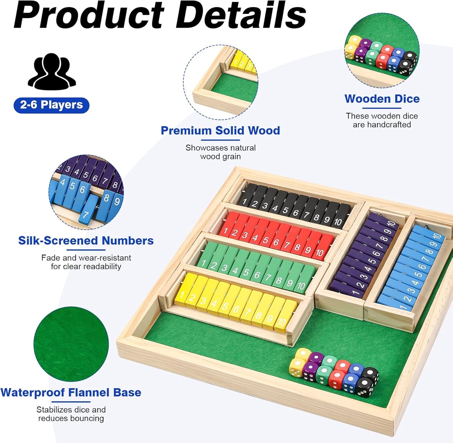Shut The Box Game Wooden Board Dice Game with 12 Dice, Upgraded Shut The Box Game 6 Players Table Math Games for Fun Family Game Night Classroom Home Party or Pub Strategy Games