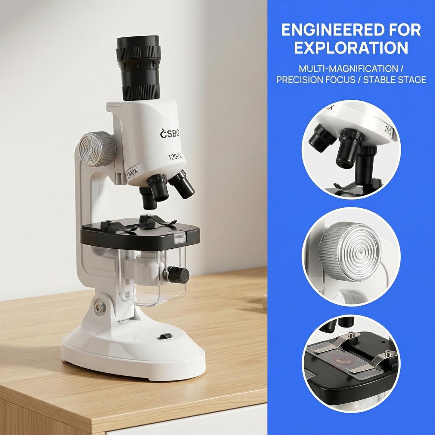 Kids Microscope Kit with LED Light - 100X/400X/1200X Magnification for STEM Learning, 12 Prepared Slides, Easy-to-Use Science Learning Kit (Ages 5-12) - Yellow