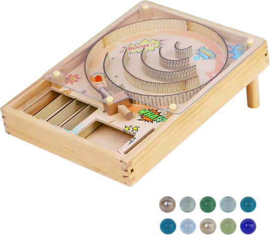 Wooden Pinball Toy,Marble Pinball Machine,Rotating Track 10 Pinball Scoring Game Set for Kids 8-12 and Adults Shooting Games for Office Stress Relief