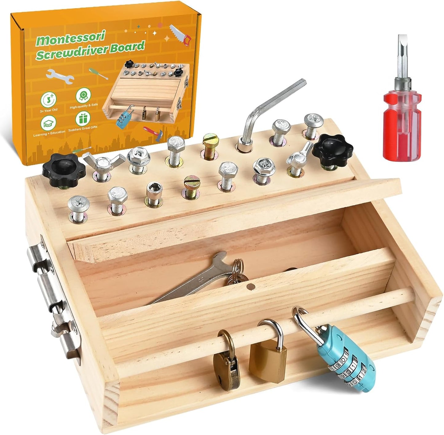 Montessori Screwdriver Board Set, Montessori Toys for 3 4 5 with 6 Locks and Keys, Toddler Screwdriver Toy, Kids Tool Set, Preschool Learning Sensory Toy, Fine Motor Skills Toys