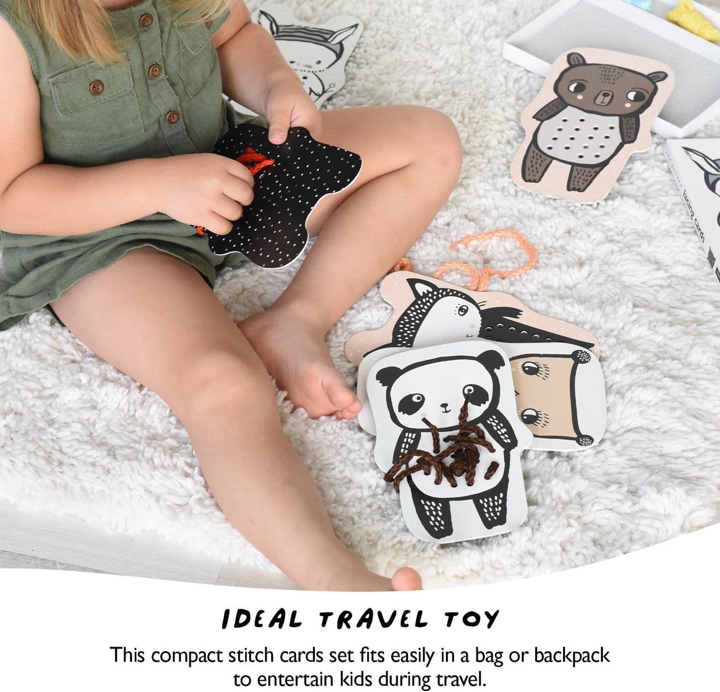 Wee Gallery Baby Animals Lacing Cards, Sewing Board and Travel Game for Toddlers and Preschoolers, Fine Motor Skills Toy, Montessori-Inspired Educational Kids Craft Activity for Ages 3+