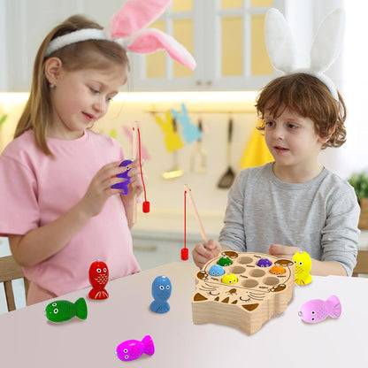 Wooden Magnetic Fishing Game for Toddlers 1-3, Montessori Sensory Busy Board Fine Motor Skills Toys for 1 2 3 Years Old Boys Girls (Frog B-Fish Game)