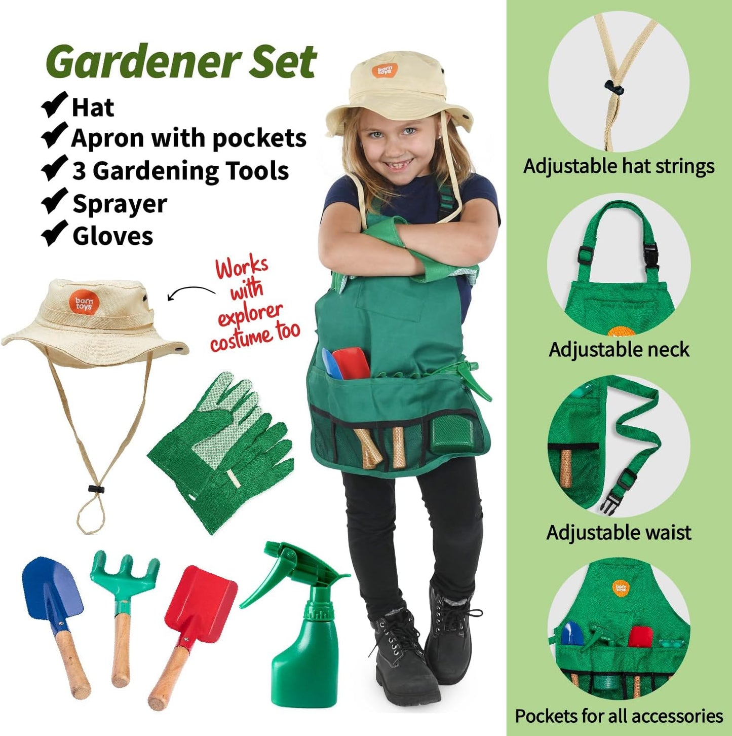 Born Toys Kids Garden Set for Boys & Girls Ages 3-7, Toddler Gardening Kit with Kids Gardening Tools - Gardening Apron, Gloves, Hat, Working Spray Bottle, Trowel Shovel & Rake, Outdoor Activity Toys