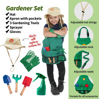 Born Toys Kids Garden Set for Boys & Girls Ages 3-7, Toddler Gardening Kit with Kids Gardening Tools - Gardening Apron, Gloves, Hat, Working Spray Bottle, Trowel Shovel & Rake, Outdoor Activity Toys