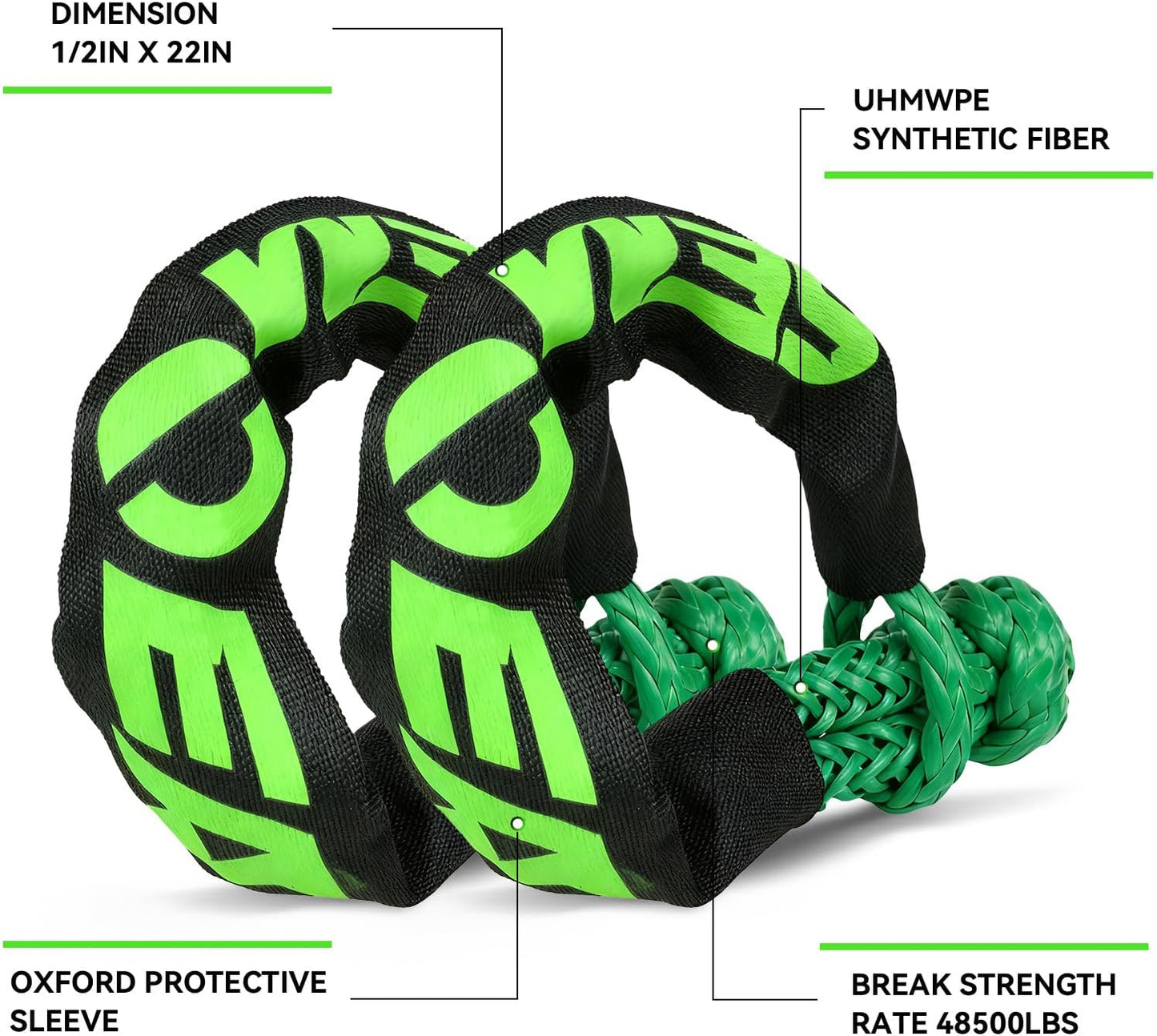 Kinetic Recovery Rope, 1" x 30ft 48500LBS, Kinetic Rope Recovery Kit with 2 Soft Shackles, Heavy Duty Offroad Snatch Strap, 35% High Elasticity Tow Ropes for Trucks SUV UTV, Black & Green Mixed