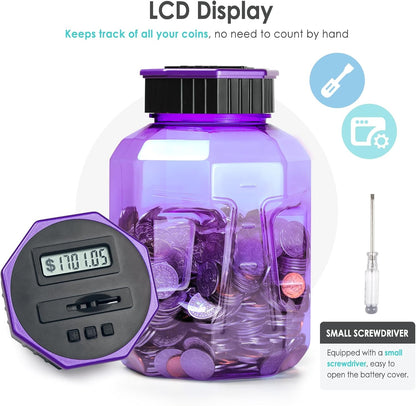 X-Large Piggy Bank for Adults Kids, Vcertcpl Digital Coin Counting Bank with LCD Counter, 2.4L Capacity, Great Coin Counter Bank Money Counting Jar with Total Amount Displayed (Purple)