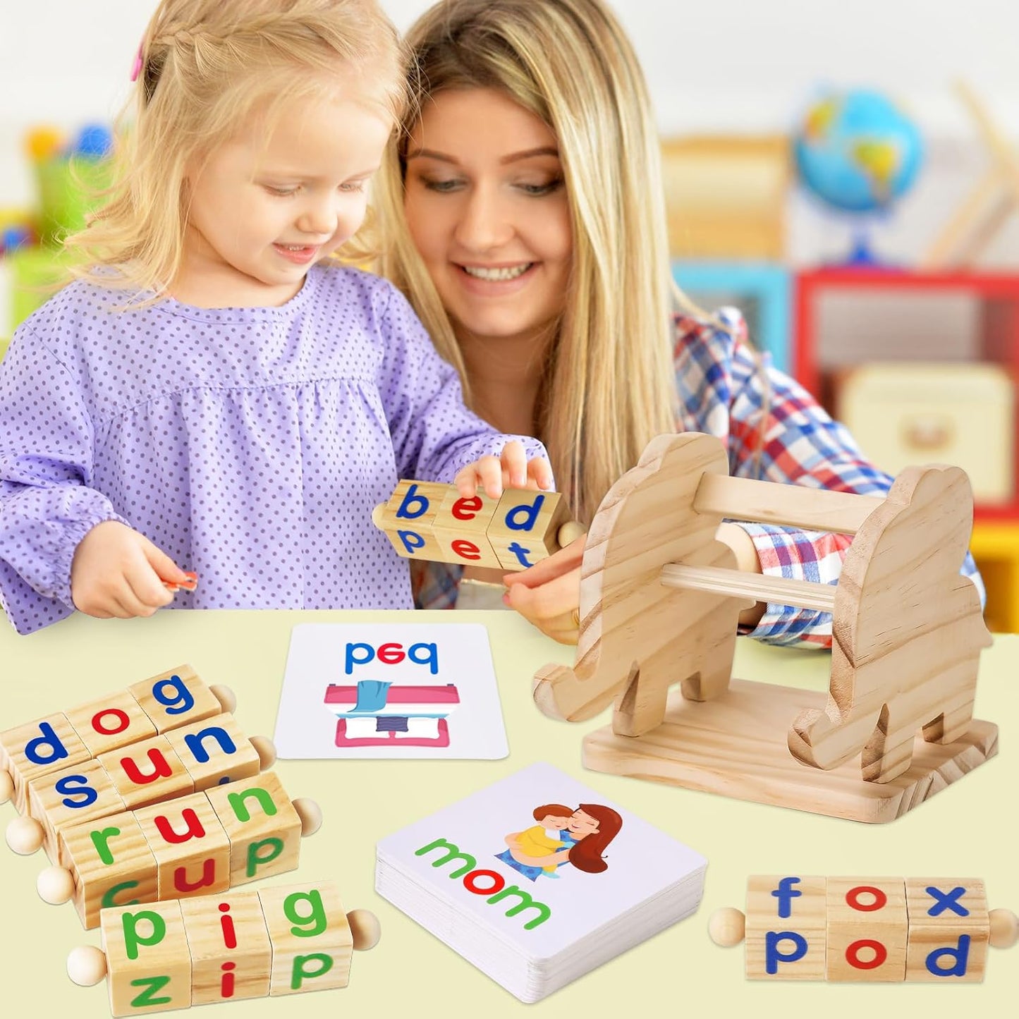 ShyLizard Montessori Learning and Educational Toys Gifts for Kids 3 4 5 Years, Wooden Reading Blocks Toys, Learning Activities for Preschool Kindergarten, Turning Rotating Matching Flash Card Games