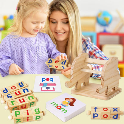 ShyLizard Montessori Learning and Educational Toys Gifts for Kids 3 4 5 Years, Wooden Reading Blocks Toys, Learning Activities for Preschool Kindergarten, Turning Rotating Matching Flash Card Games
