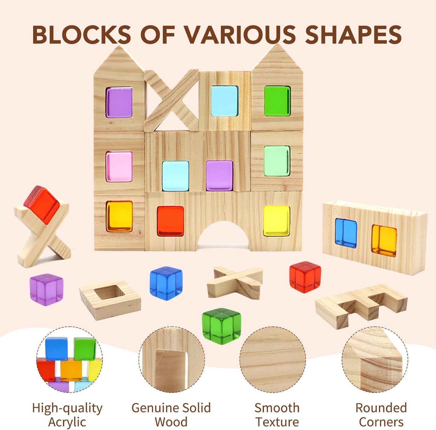Wooden Building Blocks Set for Kids, 60 PCS Rainbow Acrylic Gem Cubes Stacking Blocks, Montessori Stacking Toy for Toddlers Educational Toy Early Learning Gifts for Boys Girls 3-6 (60)
