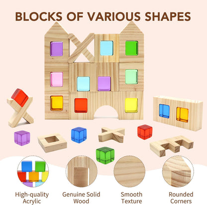Wooden Building Blocks Set for Kids, 60 PCS Rainbow Acrylic Gem Cubes Stacking Blocks, Montessori Stacking Toy for Toddlers Educational Toy Early Learning Gifts for Boys Girls 3-6 (60)