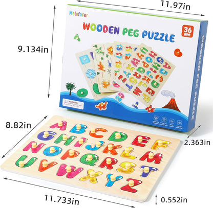 Montessori Wooden Peg Puzzles for Toddlers 3 4 5 Year Old, 4 Pcs Kids Educational Toys Preschool Learning Activities-Alphabet, Shape, Number and Dinosaur, Baby Puzzle Gifts for Boys Girls