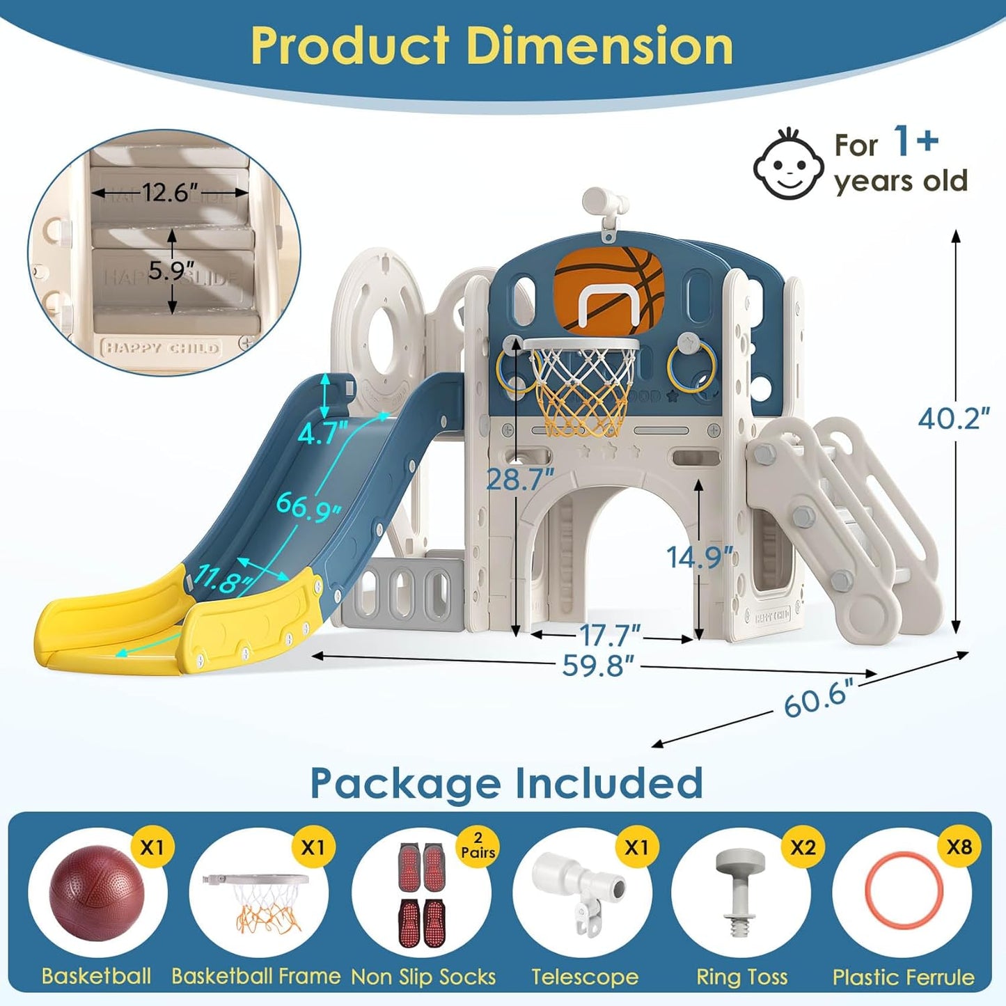 BIERUM 9 in 1 Toddler Slide, Kid Slide for Toddlers Age 1-3 with Ring Toss, Basketball Hoop, and Telescope, Indoor Outdoor Playset Playground Beige Gray