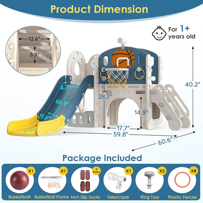 BIERUM 9 in 1 Toddler Slide, Kid Slide for Toddlers Age 1-3 with Ring Toss, Basketball Hoop, and Telescope, Indoor Outdoor Playset Playground Beige Gray