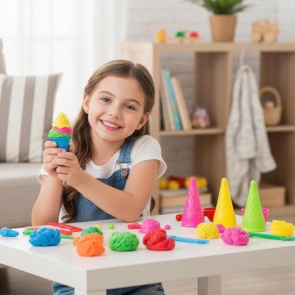 Dough Tools for Kids, 9 Piece Ice Cream Set with 4 Cones, 4 Scoop Molds & Spoon, Modeling Clay Tools, Sand Toys & Sensory Bin Accessories for Toddlers Ages 2-4