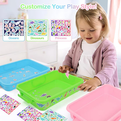 FIIOEOY 3 Pcs Sensory Bin Sand Tray with Lid & 3 Stickers, Stackable Plastic Storage Containers, Portable Sandbox, Organizers for Toys, Sand, Arts, Crafts (Blue, Green, Pink)