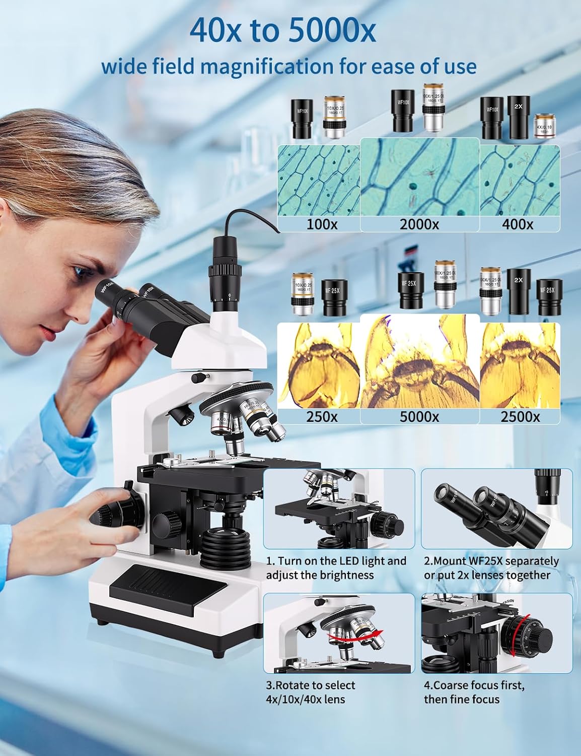 Microscopes for Adults WF10x and WF25x eyepieces Compound Microscope with Microscope Slides, Microscopes Kit for Kids Students Home School (Monocular Microscope with Big Bundle)