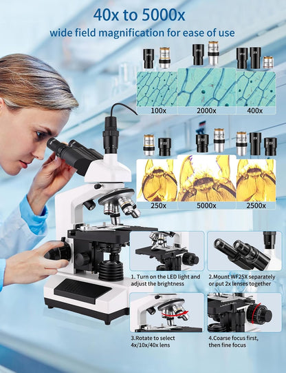 Microscopes for Adults WF10x and WF25x eyepieces Compound Microscope with Microscope Slides, Microscopes Kit for Kids Students Home School (Monocular Microscope with Big Bundle)