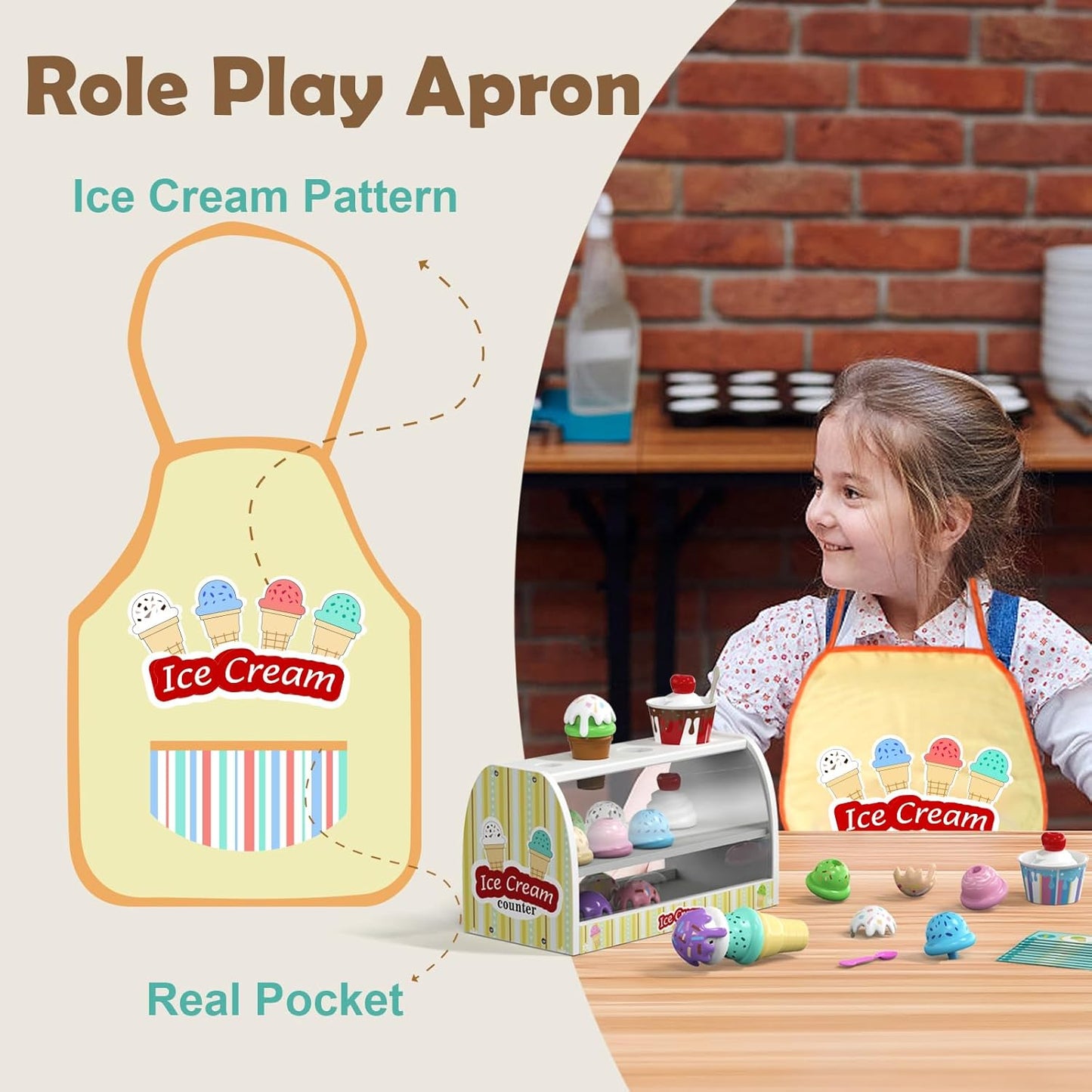 Ice Cream Play Set for Kids - Gifts for 2 3 4 Year Old Girls, Ice Cream Toy Counter Shop Pretend Play Food with Apron, Scoop, Menu, Fake Money, Toys Gifts for Boys Toddlers Ages 2-4 3-5