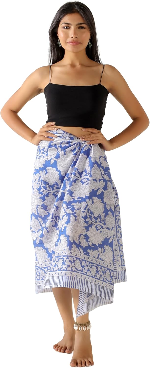 100% Cotton Sarong Cover Up for Women Indian Block Print Beach Wrap Skirt Long Boho Swimsuit Bikini Pareo (73” x 43”)