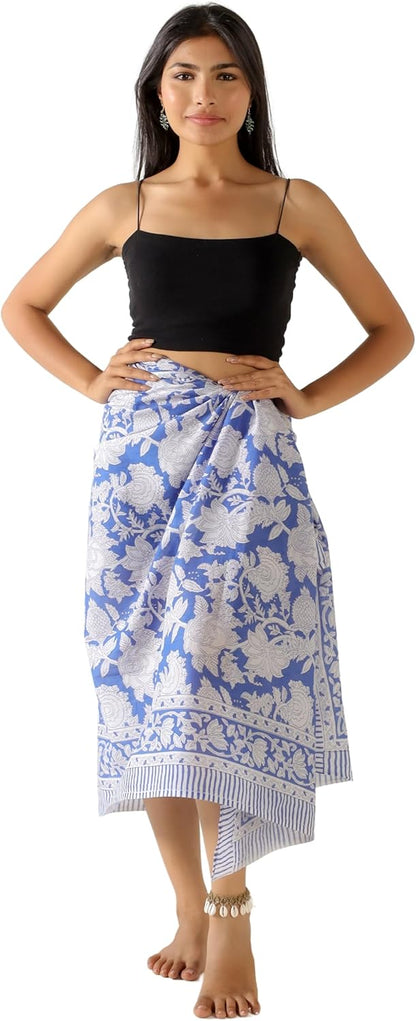 100% Cotton Sarong Cover Up for Women Indian Block Print Beach Wrap Skirt Long Boho Swimsuit Bikini Pareo (73” x 43”)