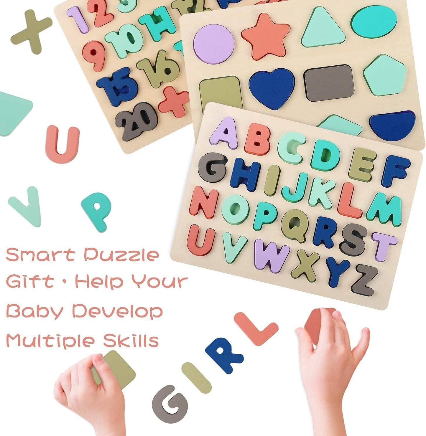 Wooden Puzzles for Toddlers, LENNYSTONE Wood Alphabet Number Shape Puzzles Kids Preschool Learning Toys for Boys Girls Ages 2 3 4 5 Year olds
