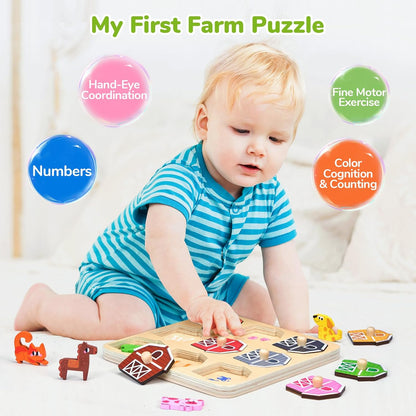 JoyCat Wooden Puzzles for Toddlers 1-3, Montessori Toys for 1 2 Year Old Boy Girl Birthday, Animal Match Farm Peg Puzzles, Preschool Learning Toys for Toddlers Age 1-2