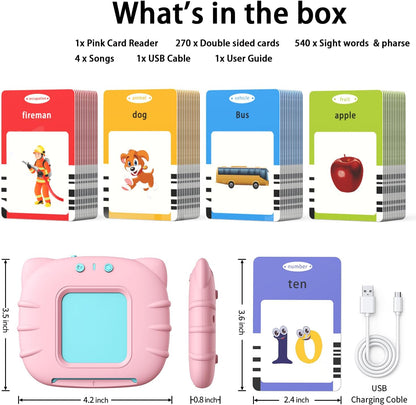 Kidzdo Educational Learning Toys for Toddlers, 540 Sight Words Talking Flash Cards with Music, Montessori Pocket Speech Therapy Toys, Teaching/Birthday Gifts for Ages 2 3 4 5 Years Old Girls (Pink)