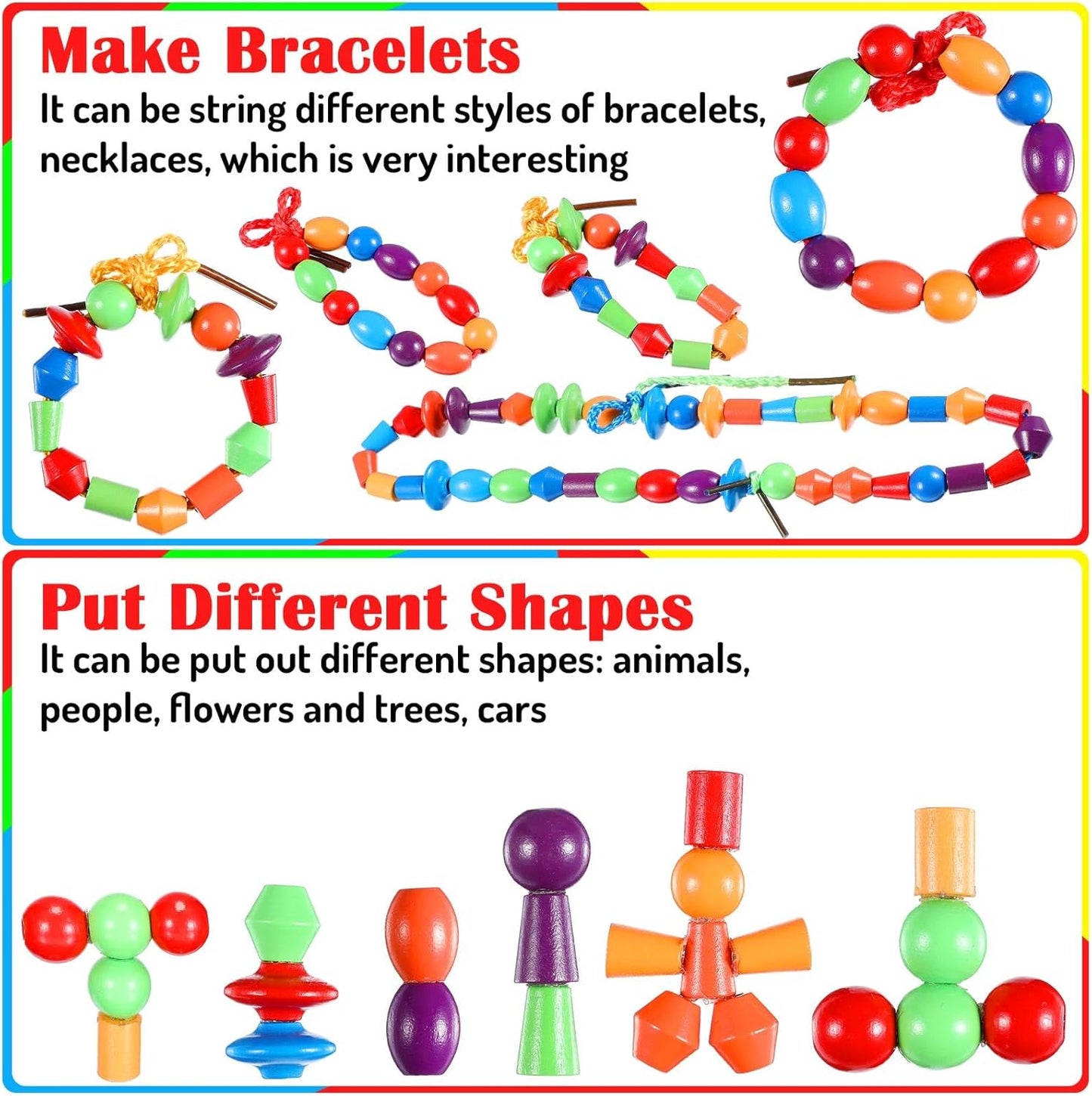 Shappy 324 Pcs Wooden Lacing Beads for Wooden String Beads Threading Toys Montessori Lacing Toys Fine Motor Skills Developmental Educational Plaything Sensory Occupational Activities Autism OT