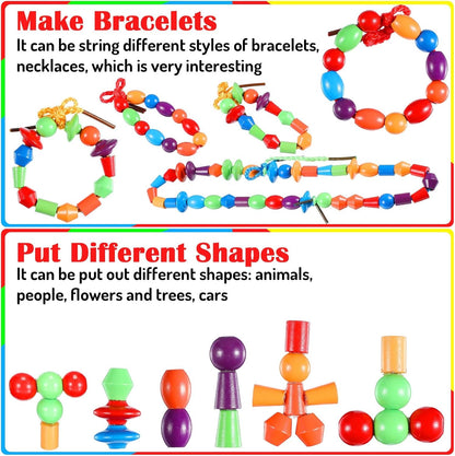 Shappy 324 Pcs Wooden Lacing Beads for Wooden String Beads Threading Toys Montessori Lacing Toys Fine Motor Skills Developmental Educational Plaything Sensory Occupational Activities Autism OT