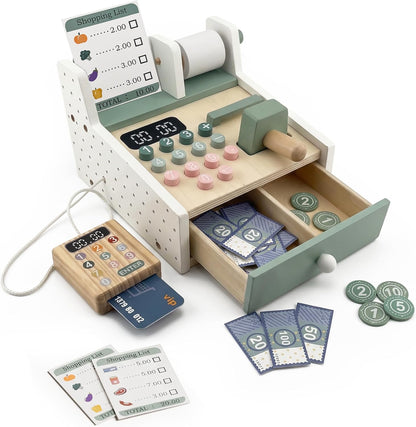 Montessori Wooden Cash Register Toy, Pretend Supermarket Play Set (Ages 3+)