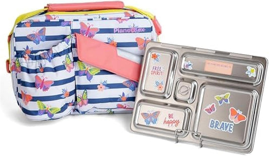 PlanetBox Rover Stainless Steel Bento Box Style Lunch Box Kit for Youth with 5 Compartments – Butterflies Edition includes Insulated Lunch Bag, Leakproof Food Containers & Matching Magnets