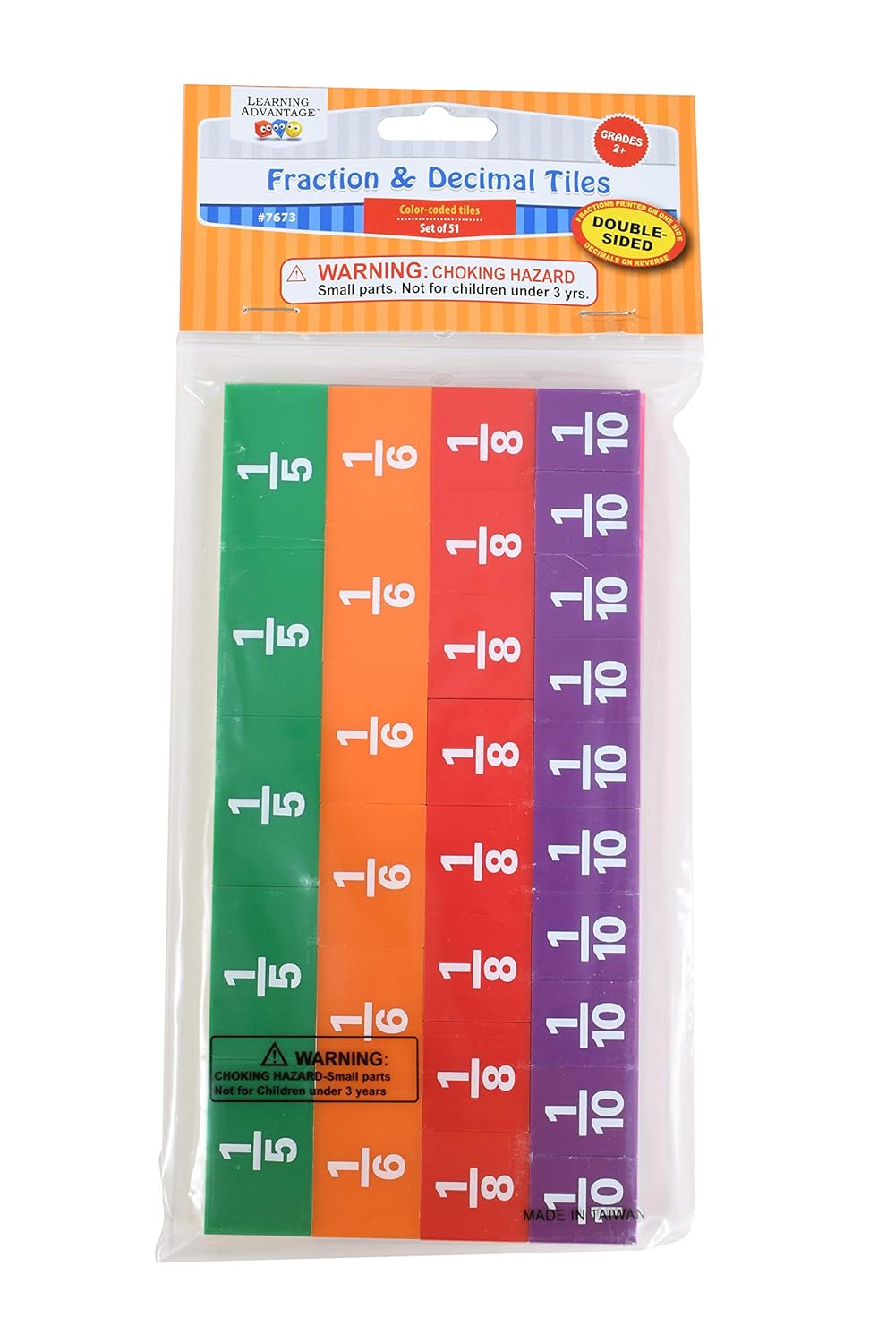 Learning Advantage Fraction/Decimal Tiles | Set of 51 | Double-Sided Rainbow Tiles | Early Math Manipulative | Teach Fractions, Decimals and Equivalents