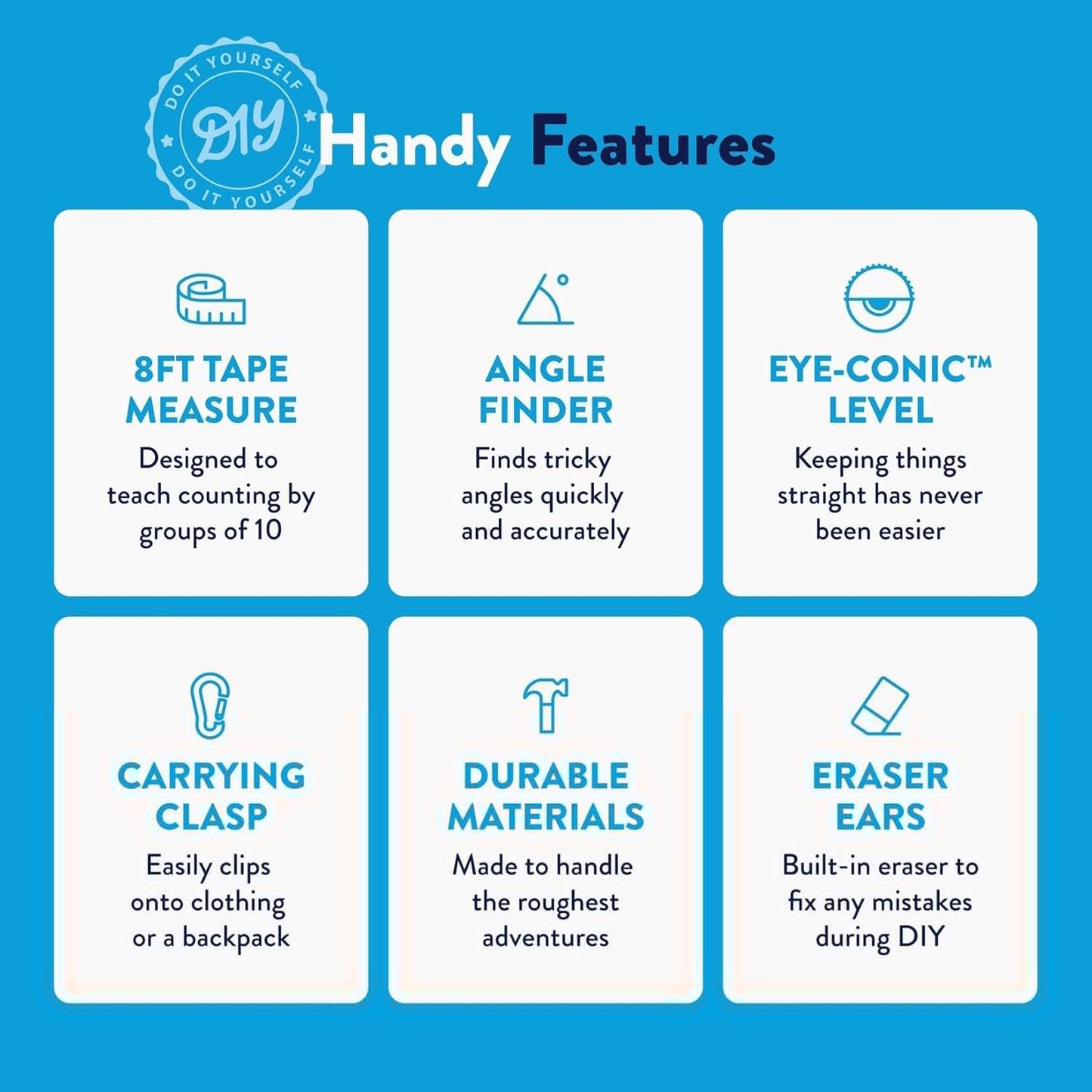 Handy Famm Roscoe the Dog 4-in-1 Kids Tape Measure with Adjustable Level Eye, Angle Finder & Eraser Ears – Montessori STEM Educational Toy for Children Ages 3+, Real Measuring Tool for Learning