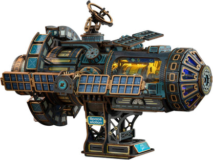 3D Wooden Puzzles for Adults - Space Station Mechanical Model Kit with Lights & Music, 511PCS Adult Wooden Puzzles, DIY Building Toy for Teen & Adults, Miniature House Kit for Birthday Father's Day