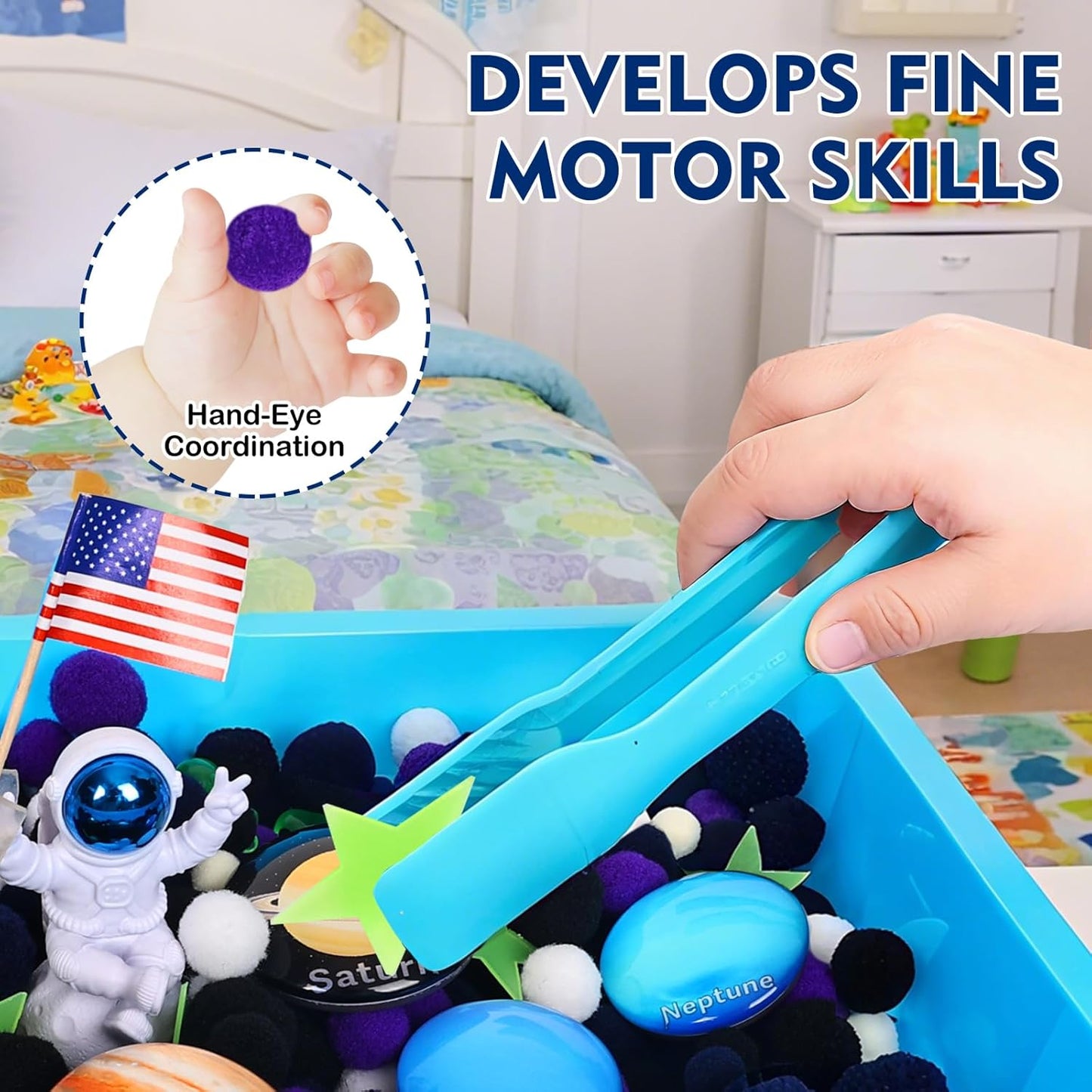 Space Sensory Bin for Toddler, Science Themed with 8 Planets & Star Map, No-Mess Soft Pom Poms for Preschool Learning, Gifts for Boys Girls Age 3 4 5 6+