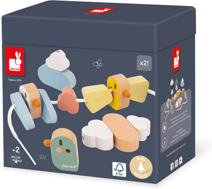 Janod - Stringable Farm-Themed Wooden Beads Set 11 Pieces - Designing Custom Jewelry - Imagination Development - Boosts Creativity and Motor Skills - Encourages Imaginative Play