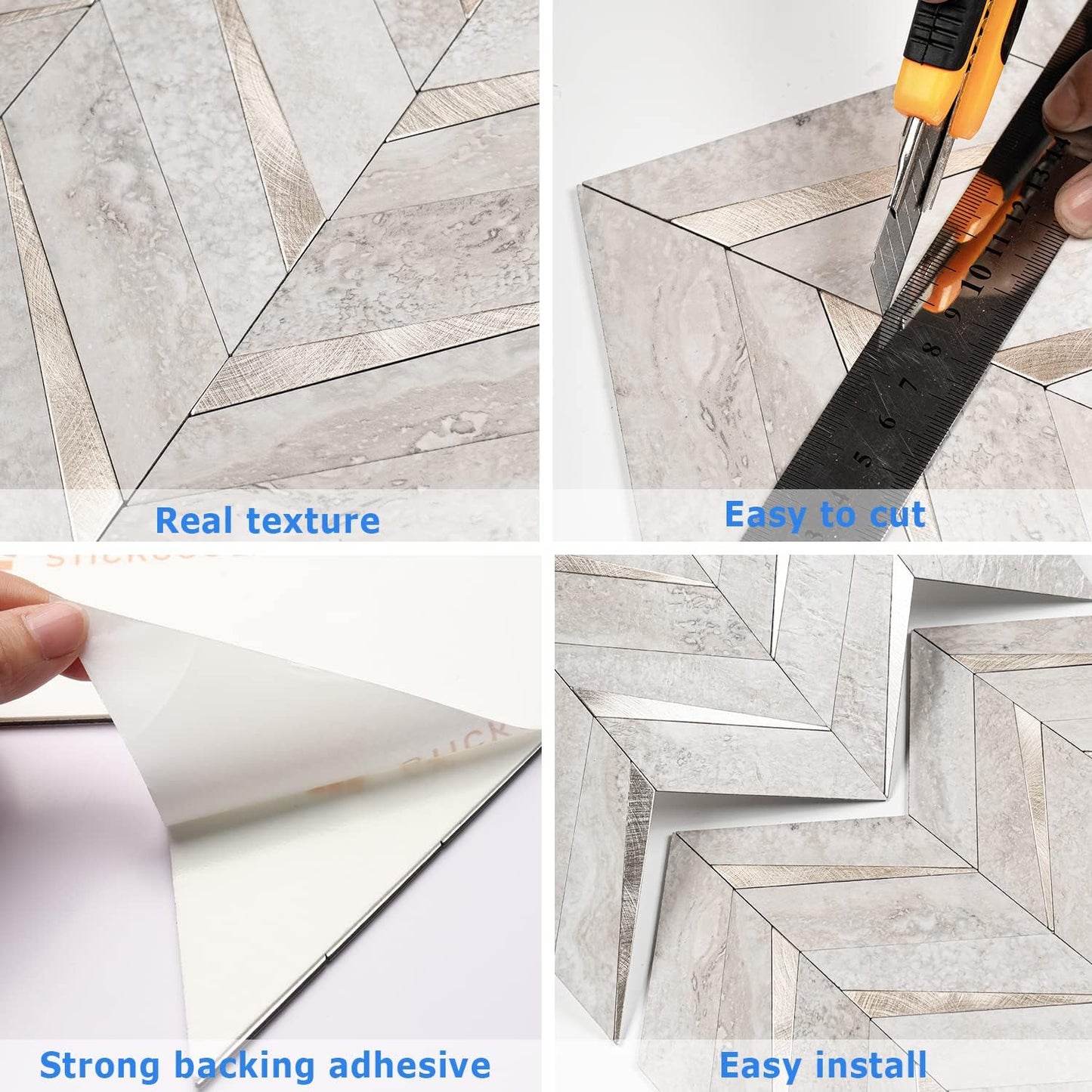 STICKGOO 10-Sheet Herringbone Tile Peel and Stick Backsplash, Beige Mixed Metal Gold PVC Stick on Backsplash, Self Adhesive Wall Tile for Kitchen and Bathroom