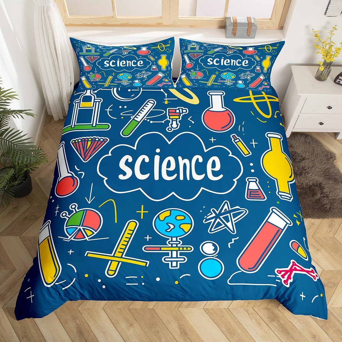 Erosebridal Science Theme Bedding Set Queen Size for Boys Girls Chemistry Periodic Table Print Duvet Cover Chemical Subject Theme Comforter Cover Teens Kids Math Science Atyle Bedspread Cover 3 Pcs
