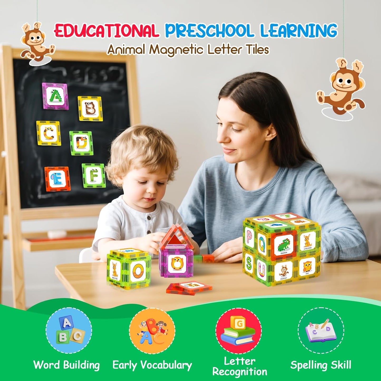 Magnetic Tiles Letters Learning Toys, Animals Alphabet ABC Magnets for Kids 1-3 2-4 3-5, Toddlers Classroom Must Haves Construction Stacking Toys, Teacher Educational Supplies for Preschool Spelling