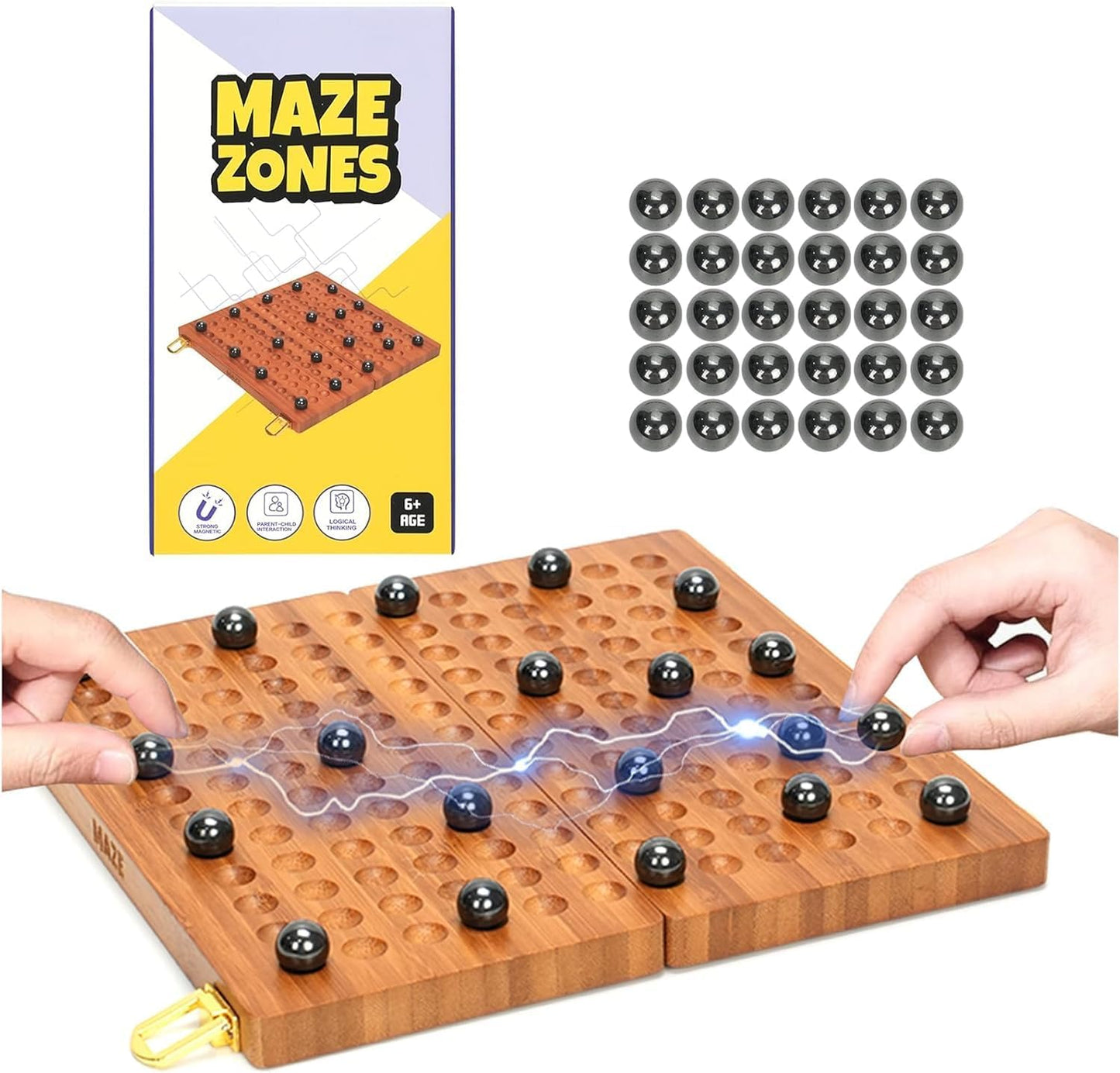 Wooden Magnetic Chess Game with 30 Piece Metal Balls, Magnet Game with Inner Storage Tray, Logical Strategy Game for Ages 6+