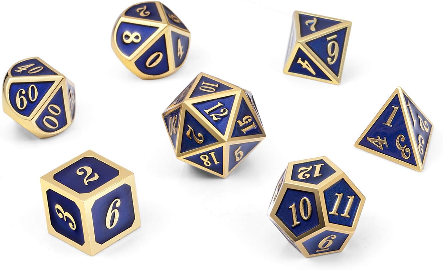 DnDnD Heavy Polyhedral Metal Dice Set with Metal Box, 7-die Shiny Blue Surface with Golden Number for RPG,Dungeons and Dragons,Pathfinder,Shadowrun,D&D,Role Palying Game and Math Teaching - Colors A