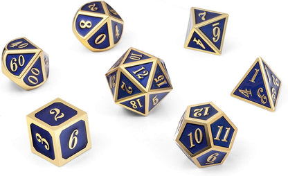 DnDnD Heavy Polyhedral Metal Dice Set with Metal Box, 7-die Shiny Blue Surface with Golden Number for RPG,Dungeons and Dragons,Pathfinder,Shadowrun,D&D,Role Palying Game and Math Teaching - Colors A
