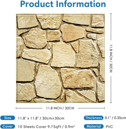 COMSTICKC 3D Faux Gray Stone Wall Sticker Peel and Stick Wall Panels,10 Pcs of 12"X12",Ultra-Light Thin PVC Decorative Tiles Rocks Stone Backsplash Interior Decor,Paintable